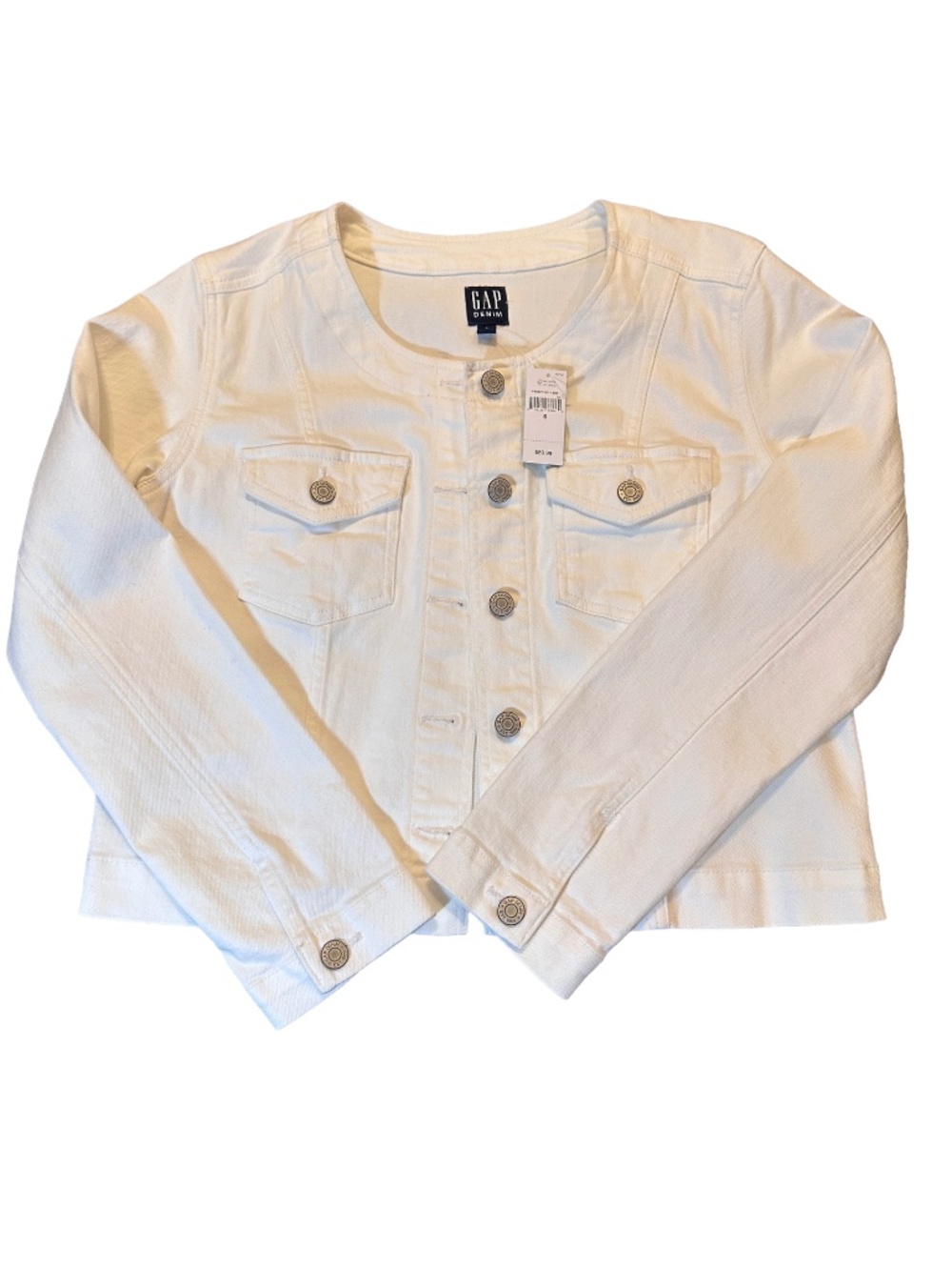 NWT Gap Denim White Cropped Jacket Size S Collarless Minimalist Coastal